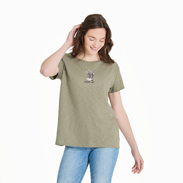 Life Is Good. Women's Giddy Up Flower Boots Short Sleeve Textured Slub Tee, Moss Green