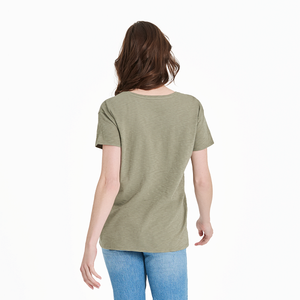 Life Is Good. Women's Giddy Up Flower Boots Short Sleeve Textured Slub Tee, Moss Green