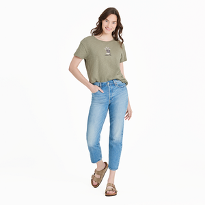 Life Is Good. Women's Giddy Up Flower Boots Short Sleeve Textured Slub Tee, Moss Green