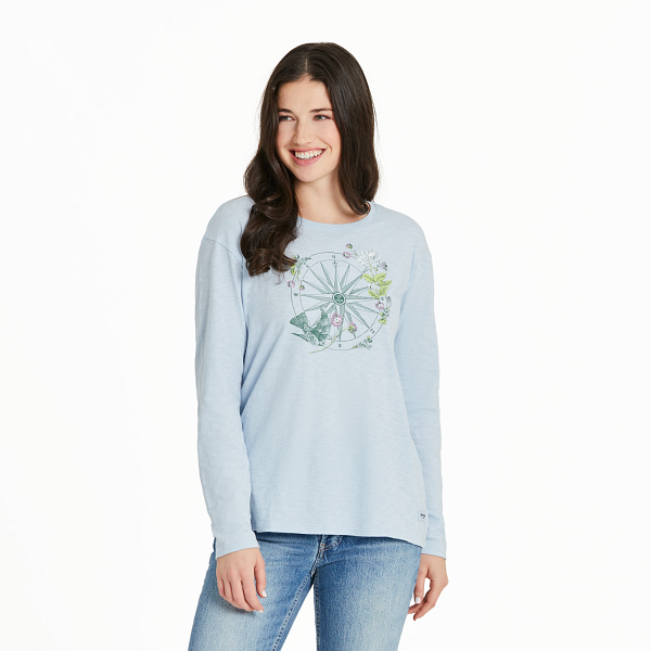 Life Is Good. Women's Antique Compass Long Sleeve Textured Slub Tee, Glacier Blue