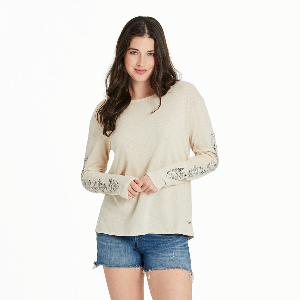 Life Is Good. Women's Mushroom Garden Long Sleeve Textured Slub Tee, Putty White