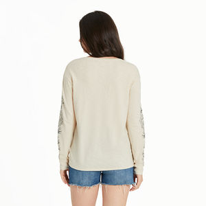 Life Is Good. Women's Mushroom Garden Long Sleeve Textured Slub Tee, Putty White