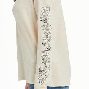 Life Is Good. Women's Mushroom Garden Long Sleeve Textured Slub Tee, Putty White