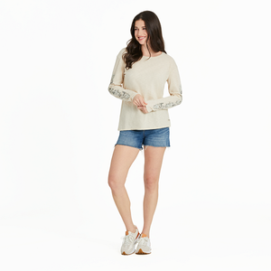 Life Is Good. Women's Mushroom Garden Long Sleeve Textured Slub Tee, Putty White