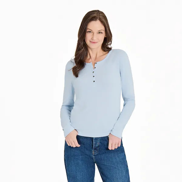 Life is Good. Women's Solid Modal Ribbed Henley, Glacier Blue