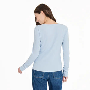Life is Good. Women's Solid Modal Ribbed Henley, Glacier Blue