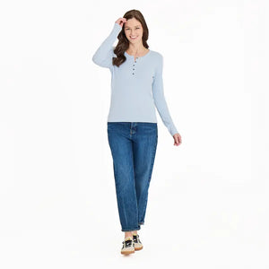 Life is Good. Women's Solid Modal Ribbed Henley, Glacier Blue