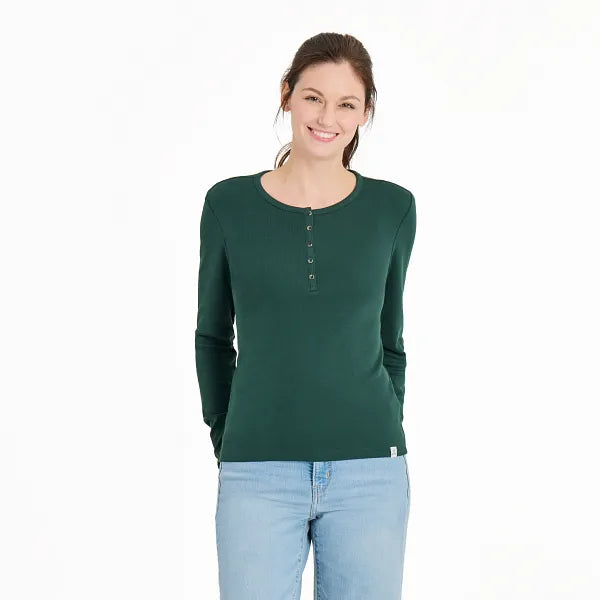 Life is Good. Women's Solid Modal Ribbed Henley, Treeline Green