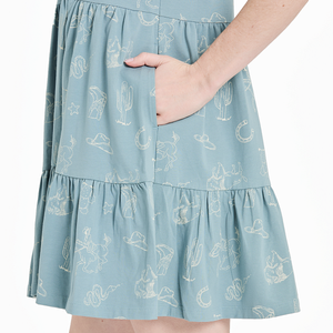Life is Good. Women's West is Best Pattern AOP Tiered Tank Dress, Smoky Blue