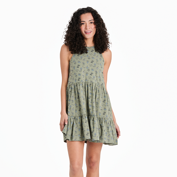 Life is Good. Women's Mushroom Pattern AOP Tiered Tank Dress, Moss Green