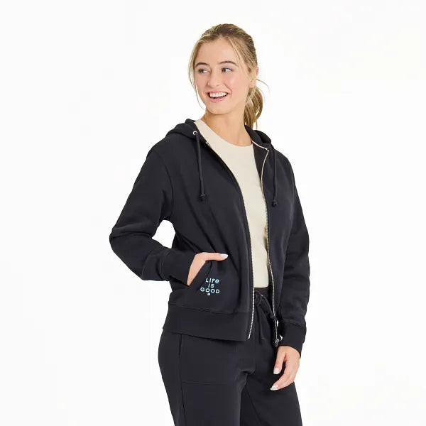 Life is Good. Women's Crafty LIG Stacked Good Vibes Simply True Fleece Zip Hoodie, True Black