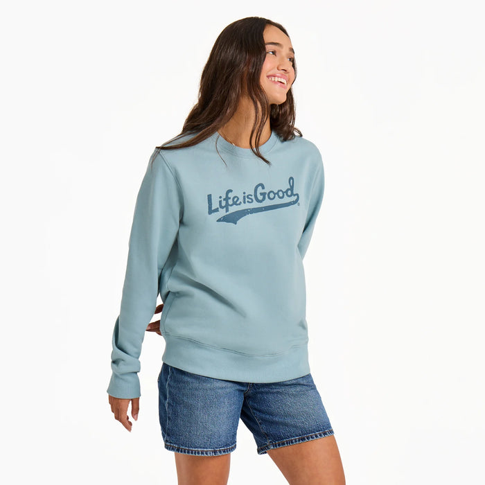 Life is Good. Women's Tonal LIG Ballyard Script Good Vibes Fleece Crew, Smoky Blue