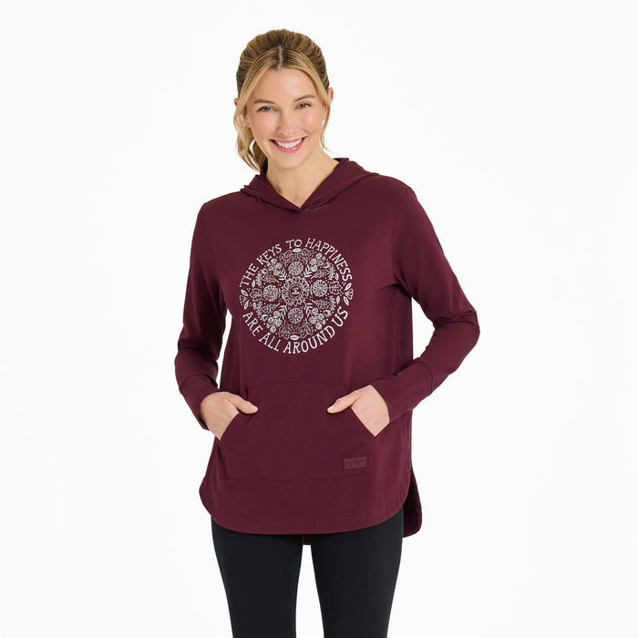 Life is Good Women's Keys to Happiness Flowers Crusher-FLEX Hoodie Tunic, Deep Burgundy