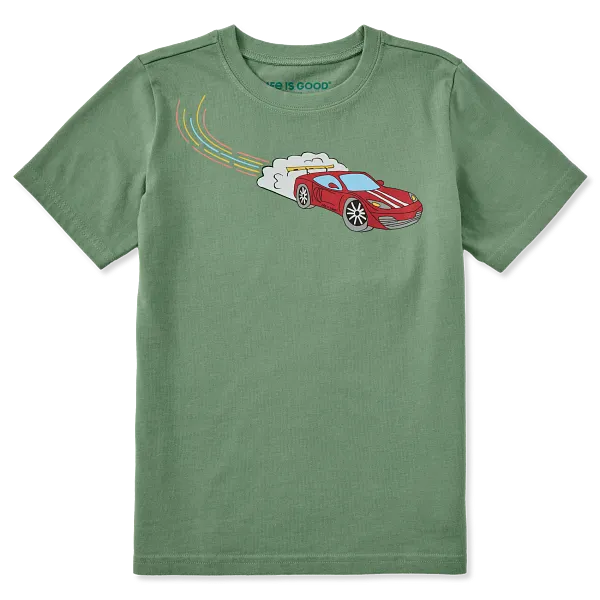 Life is Good. Kids Peelin' Out Race Short Sleeve Crusher Tee, Granite Green