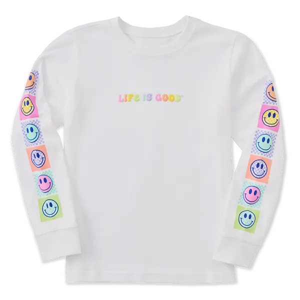Life is Good. Kids Checkered Smiles Long Sleeve Crusher Tee, Cloud White