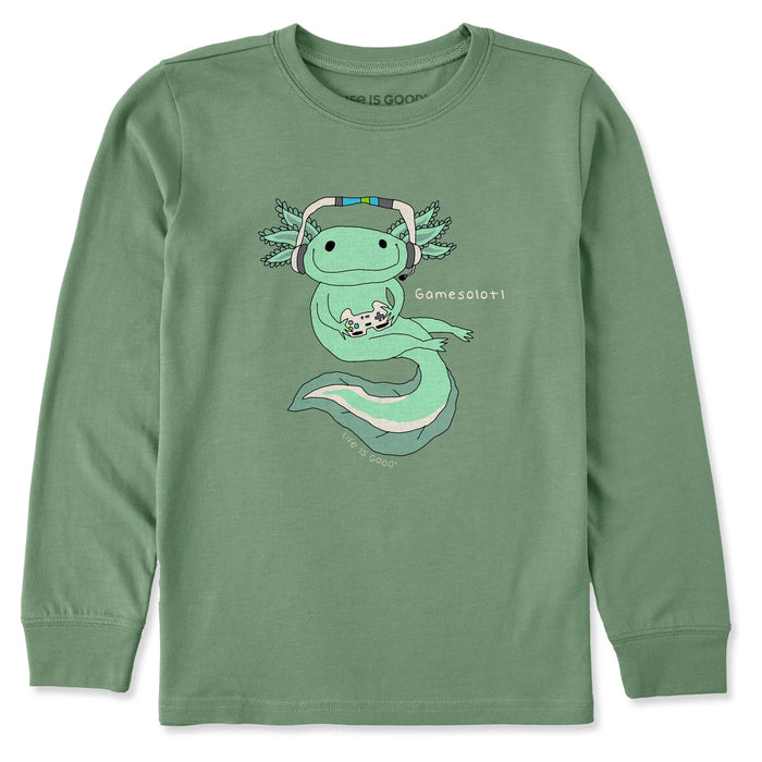 Life is Good. Kids Gamesolotl Long Sleeve Crusher Tee, Granite Green