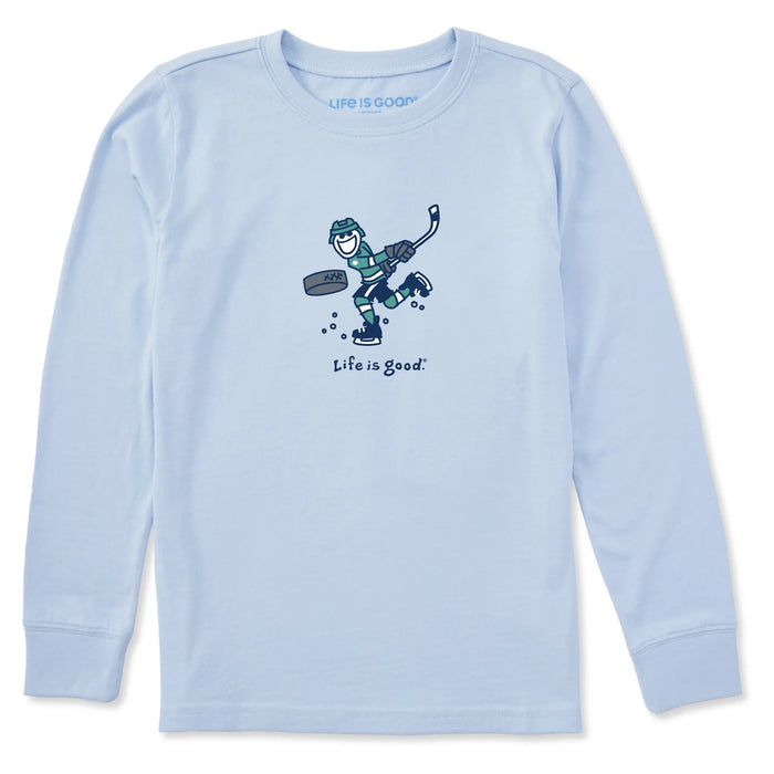 Life is Good. Kids Jake Slap Shot Long Sleeve Crusher Tee, Glacier Blue