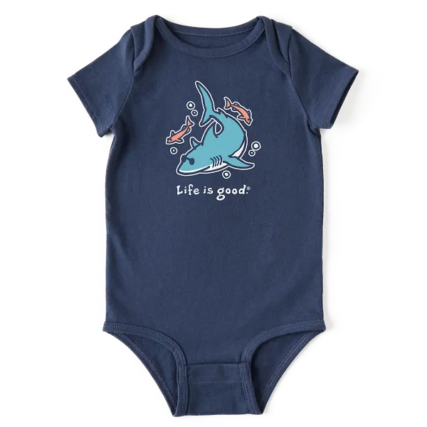 Life is Good. Baby LIG Cool Shark Short Sleeve Crusher Baby Bodysuit, Darkest Blue