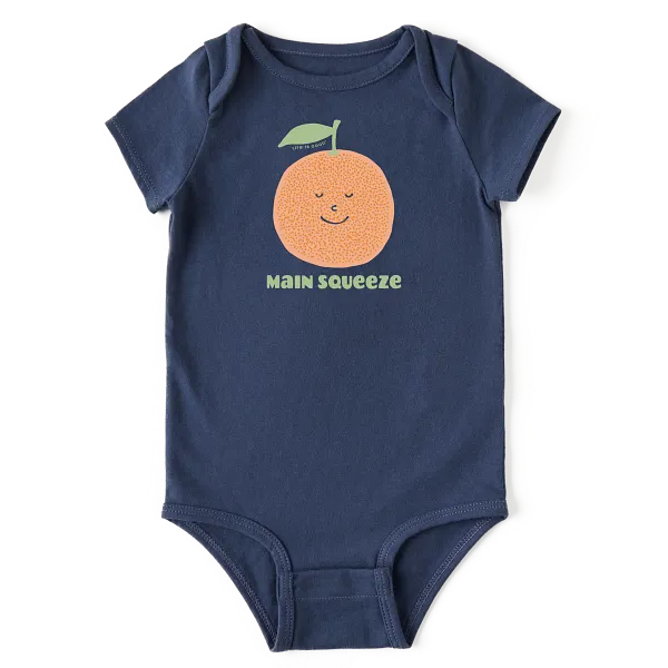 Life is Good. Main Squeeze Orange Short Sleeve Crusher Baby Bodysuit, Darkest Blue
