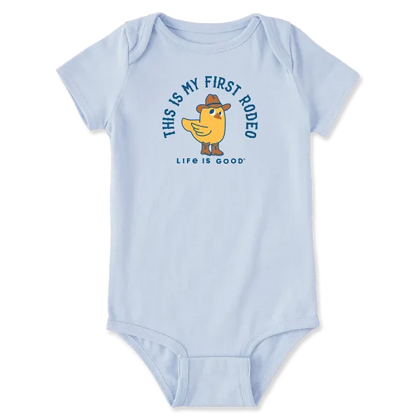 Life is Good. First Rodeo Chicken Short Sleeve Crusher Baby Bodysuit, Glacier Blue