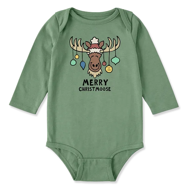 Life is Good. Merry Christmoose Ornaments Long Sleeve Crusher Baby Bodysuit, Granite Green