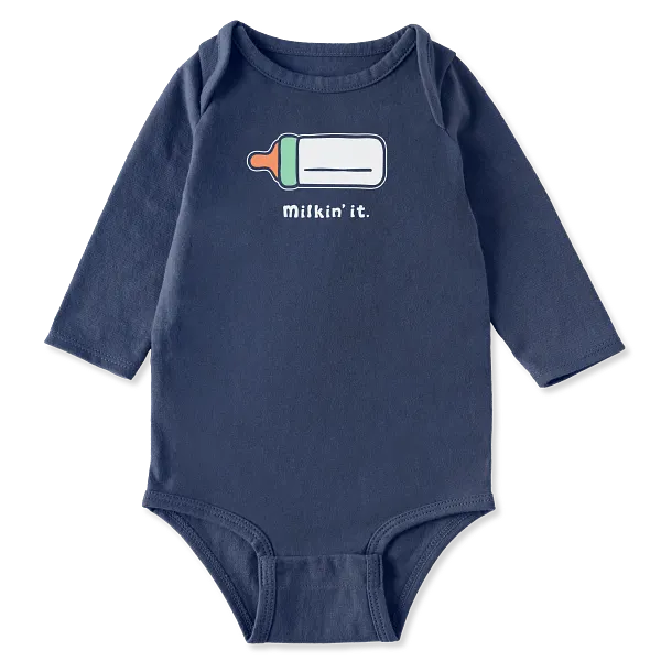 Life is Good. Milkin It Long Sleeve Crusher Baby Bodysuit, Darkest Blue