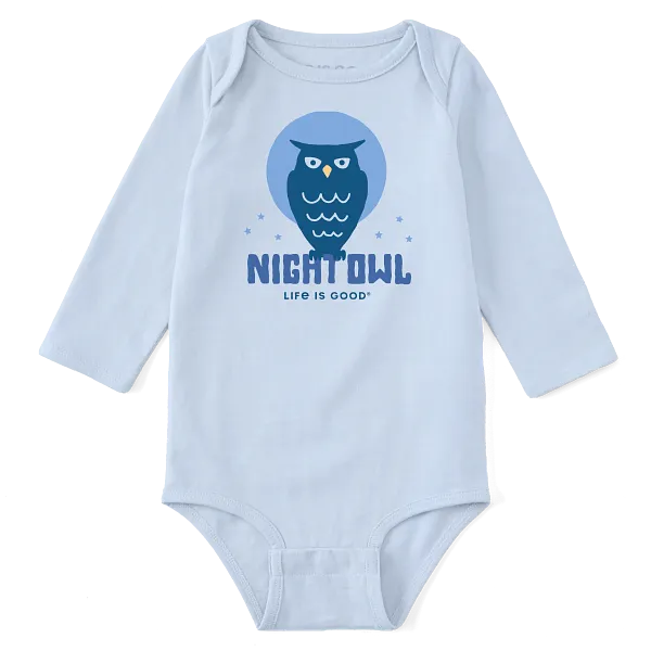 Life is Good. Crafty Night Owl Long Sleeve Crusher Baby Bodysuit, Glacier Blue