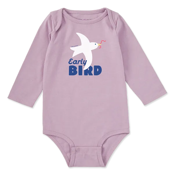 Life is Good. Early Bird Long Sleeve Crusher Baby Bodysuit, Violet Purple