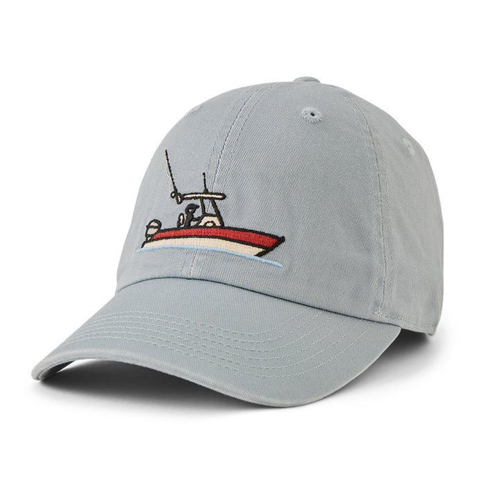 Life is Good. Vintage Fishing Boat Chill Cap, Gray Blue