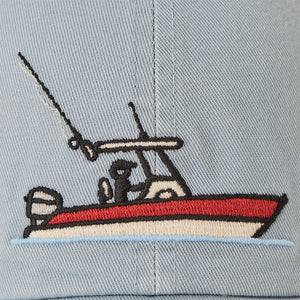 Life is Good. Vintage Fishing Boat Chill Cap, Gray Blue