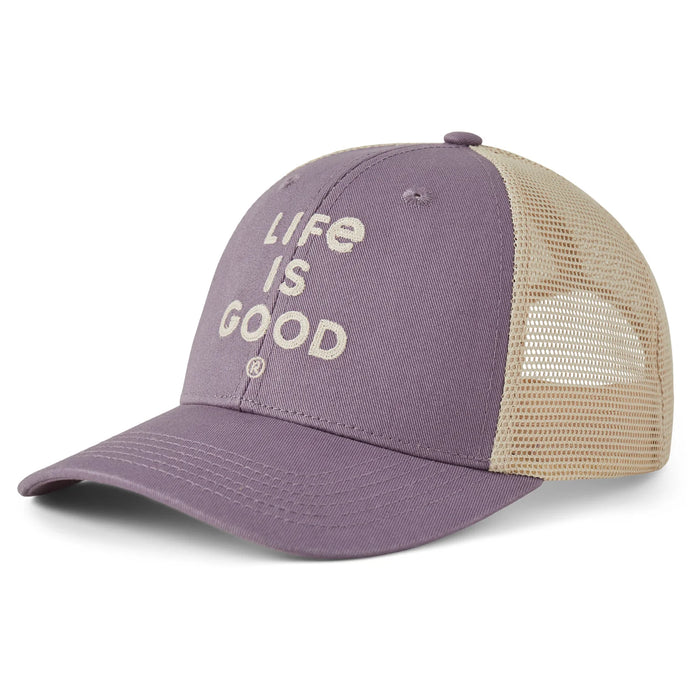 Life is Good. Unisex LIG Wordmark Stacked Trucker, Dusk Purple