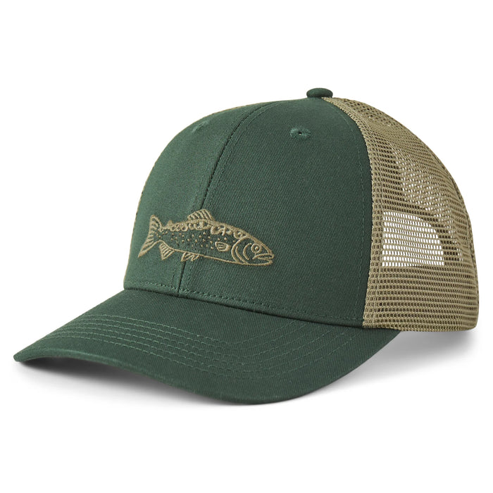 Life is Good. Unisex Crafty Trout Trucker, Treeline Green