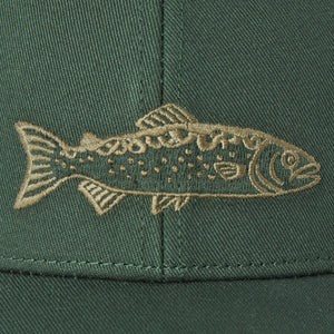 Life is Good. Unisex Crafty Trout Trucker, Treeline Green