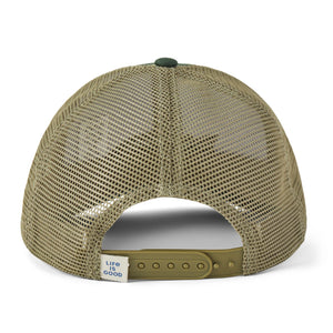 Life is Good. Unisex Crafty Trout Trucker, Treeline Green