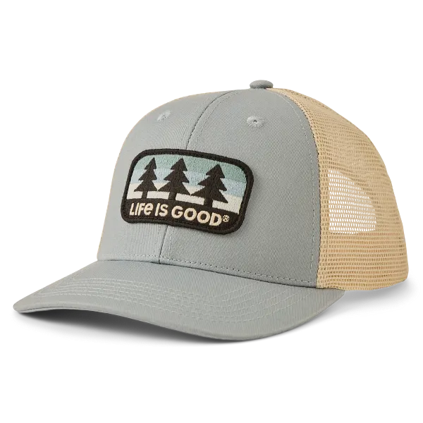 Life is Good. Unisex Three Pine Patch Trucker, Gray Blue