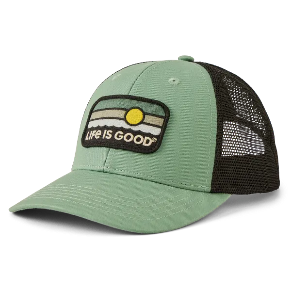 Life is Good. Unisex Sunrise Water Stripe Trucker, Granite Green