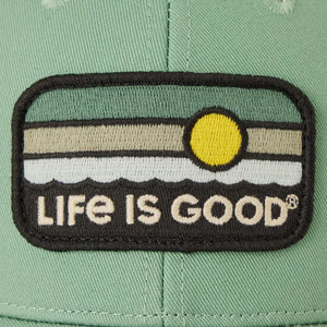 Life is Good. Unisex Sunrise Water Stripe Trucker, Granite Green