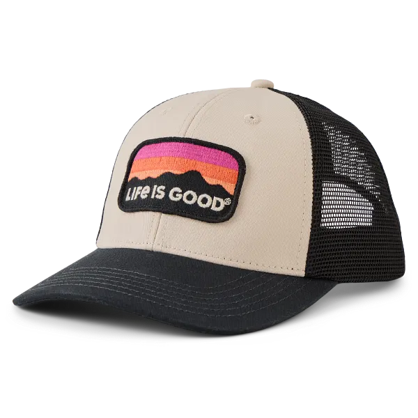 Life is Good. Unisex Sunset Mountain Trucker, Bone