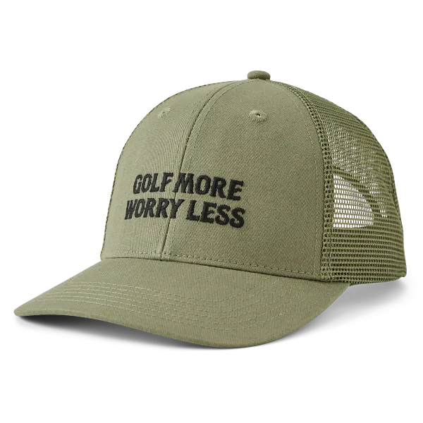 Life is Good. Unisex Golf More Worry Less Trucker, Moss Green