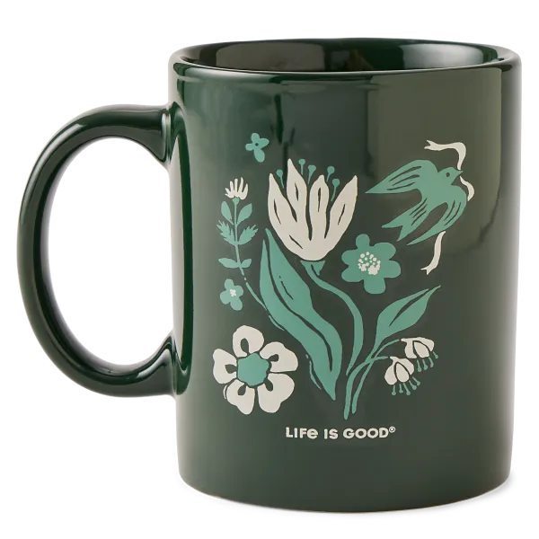 Life is Good. Woodblock Floral and Bird Jake's Mug, Treeline Green