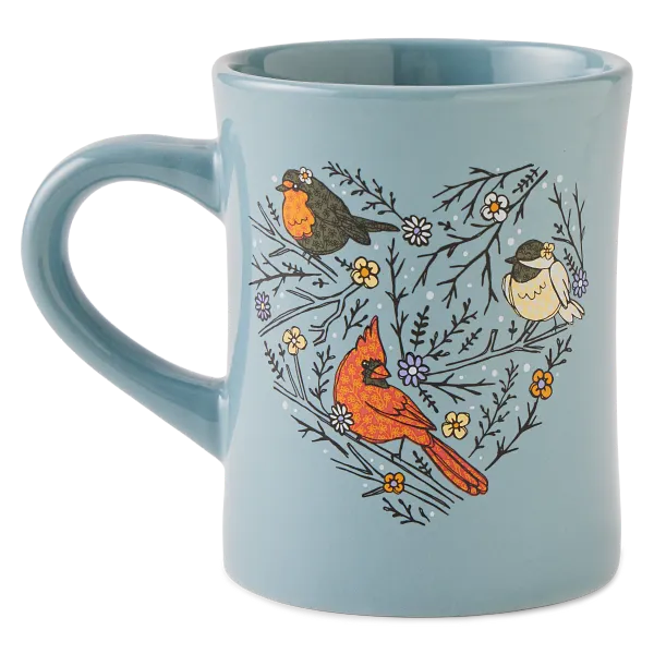 Life is Good. Cute Winter Bird Heart Diner Mug, Smoky Blue