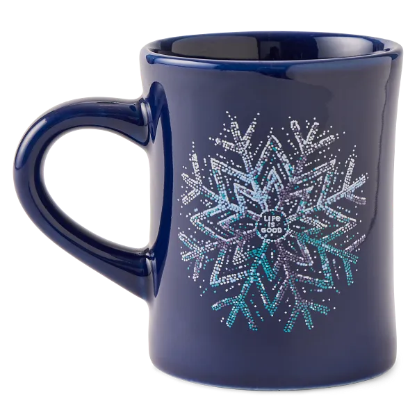 Life is Good. Sparkle Snowflake Diner Mug, Darkest Blue