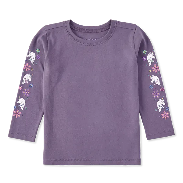 Life is Good. Toddler Unicorn Flowers Long Sleeve Crusher Tee, Dusk Purple