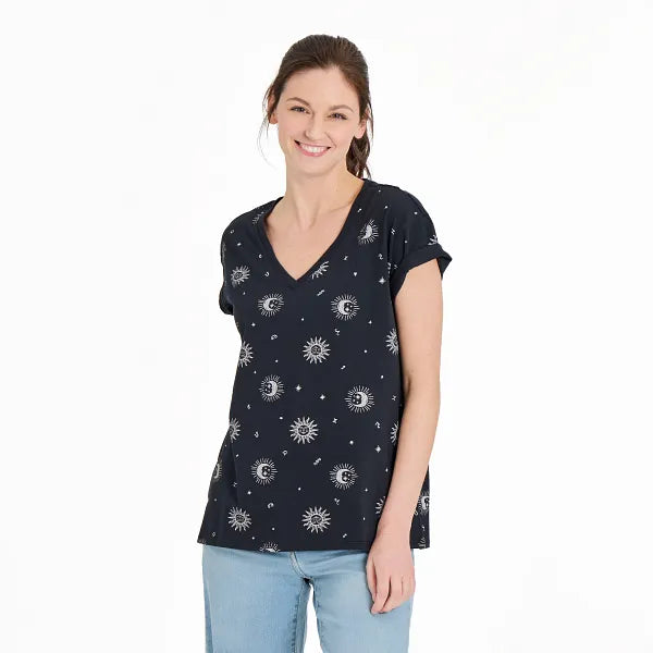 Life is Good. Women's Celestial Zodiac Short Sleeve Crusher-LITE Vee, True Black