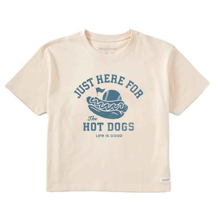 Life is Good. Women's Here for the Hot Dogs Baseball Short Sleeve Crusher Boxy Tee, Putty White