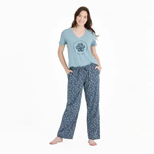 Life is Good. Women's Best Things Floral Paw Snuggle Up Sleep Vee, Smoky Blue
