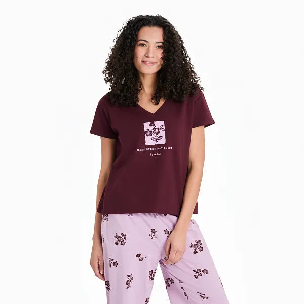 Life is Good. Women's Make Every Day Count Flowers Snuggle Up Sleep Vee, Deep Burgundy