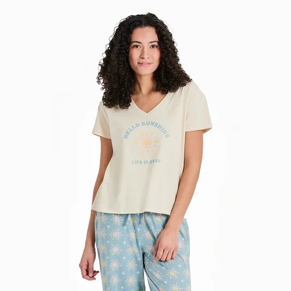 Life is Good. Women's Smiling Hello Sunshine Snuggle Up Sleep Vee, Putty White