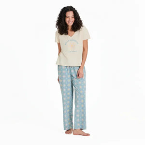 Life is Good. Women's Smiling Hello Sunshine Snuggle Up Sleep Vee, Putty White