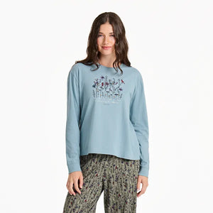 Life is Good. Women's Cardinal Wildflowers Long Sleeve Snuggle Up Sleep Tee, Smoky Blue